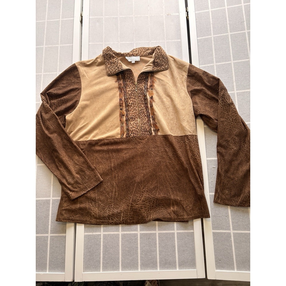 Vtg 90s Shirt L‎ Real Pheasant Feather Trim Leopard Print Western Whimsigoth Top
